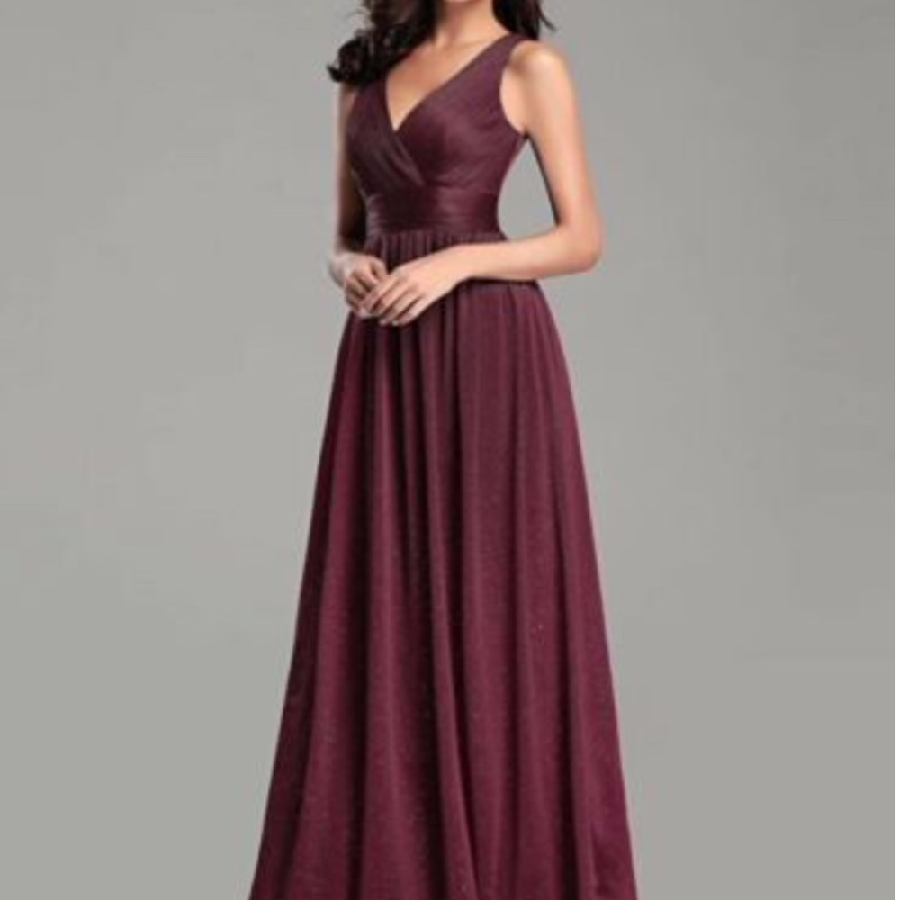 Shimmery Burgundy Bridesmaid Dress, Deep V-Neck, Ruched Bust, Empire Waist